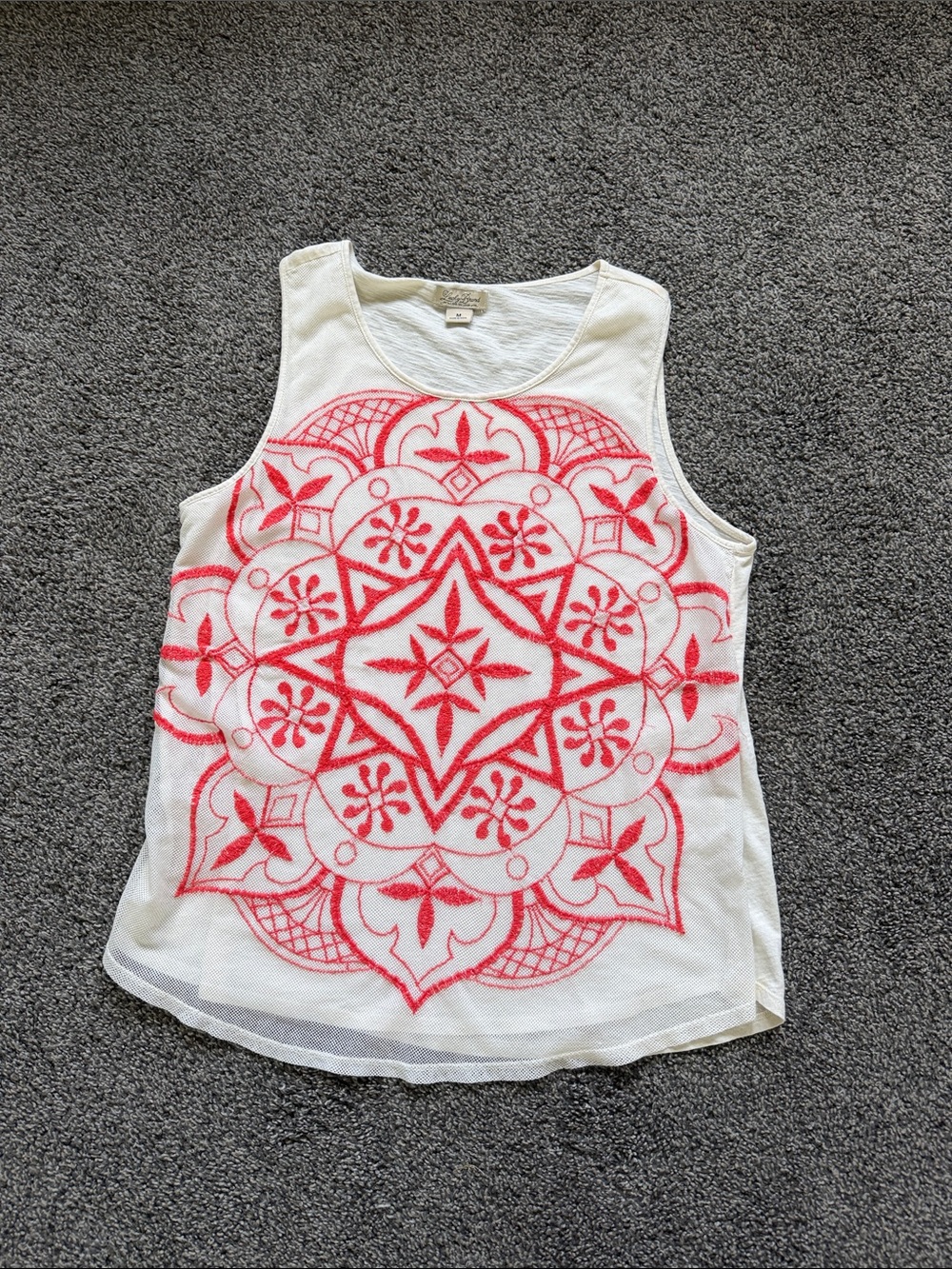 Lucky Brand White Tank with Pink-Red Mandala Embroidery
